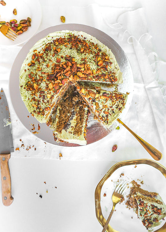 Matcha Pistachio Dates Caramel Cake (Plant-based, Refined Sugar-free)