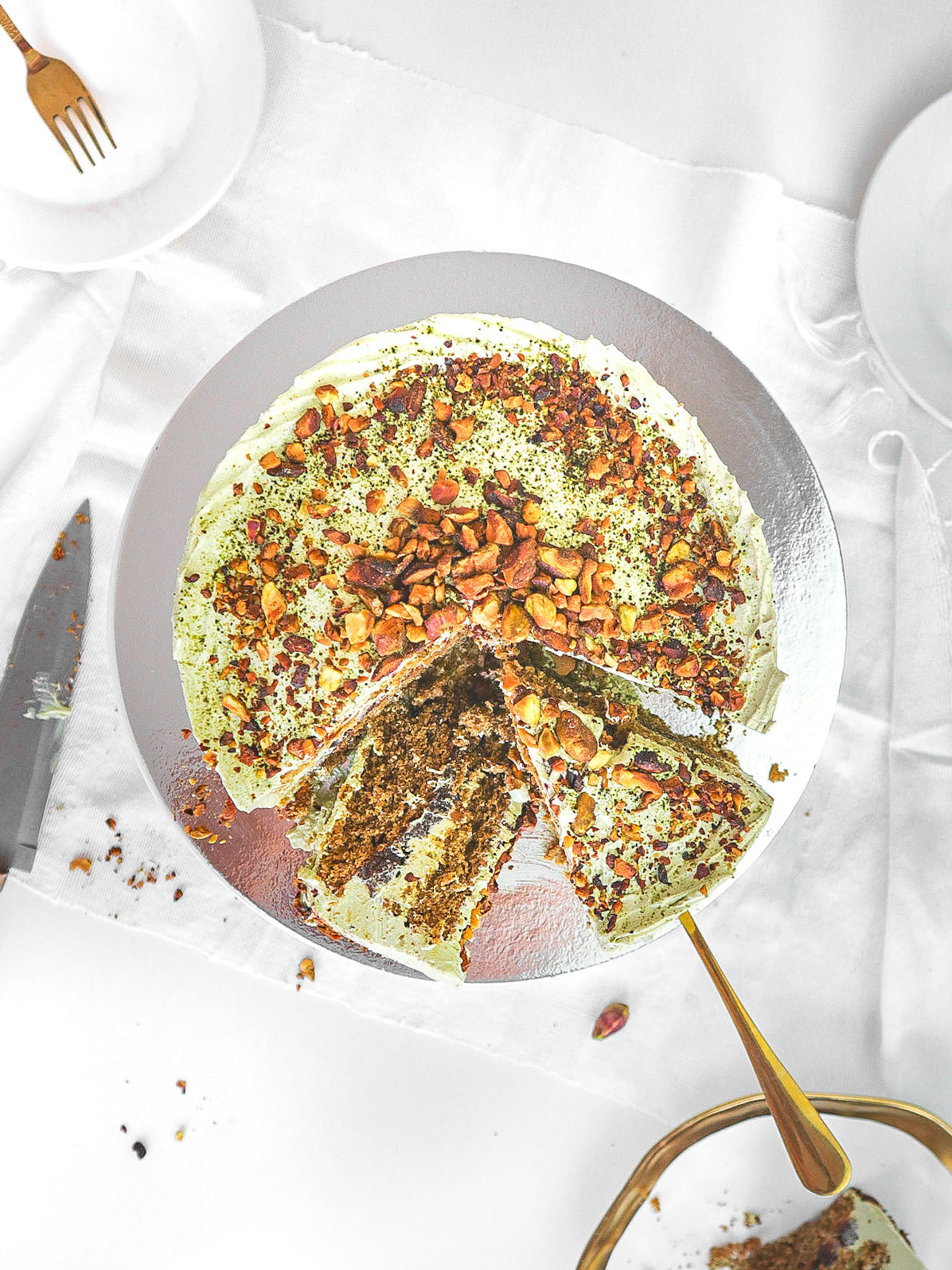 Matcha Pistachio Dates Caramel Cake (Plant-based, Refined Sugar-free)