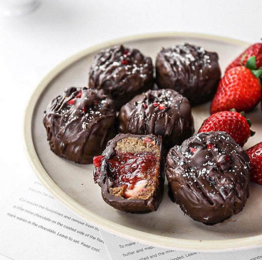 Chocolate Strawberry Pea Protein Ball (available in sugar-free chocolate coating)