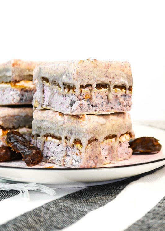 Acai Dates Caramel & White Chocolate Cake Bars (dairy-free, gluten-free, monk fruit and dates sweetener)