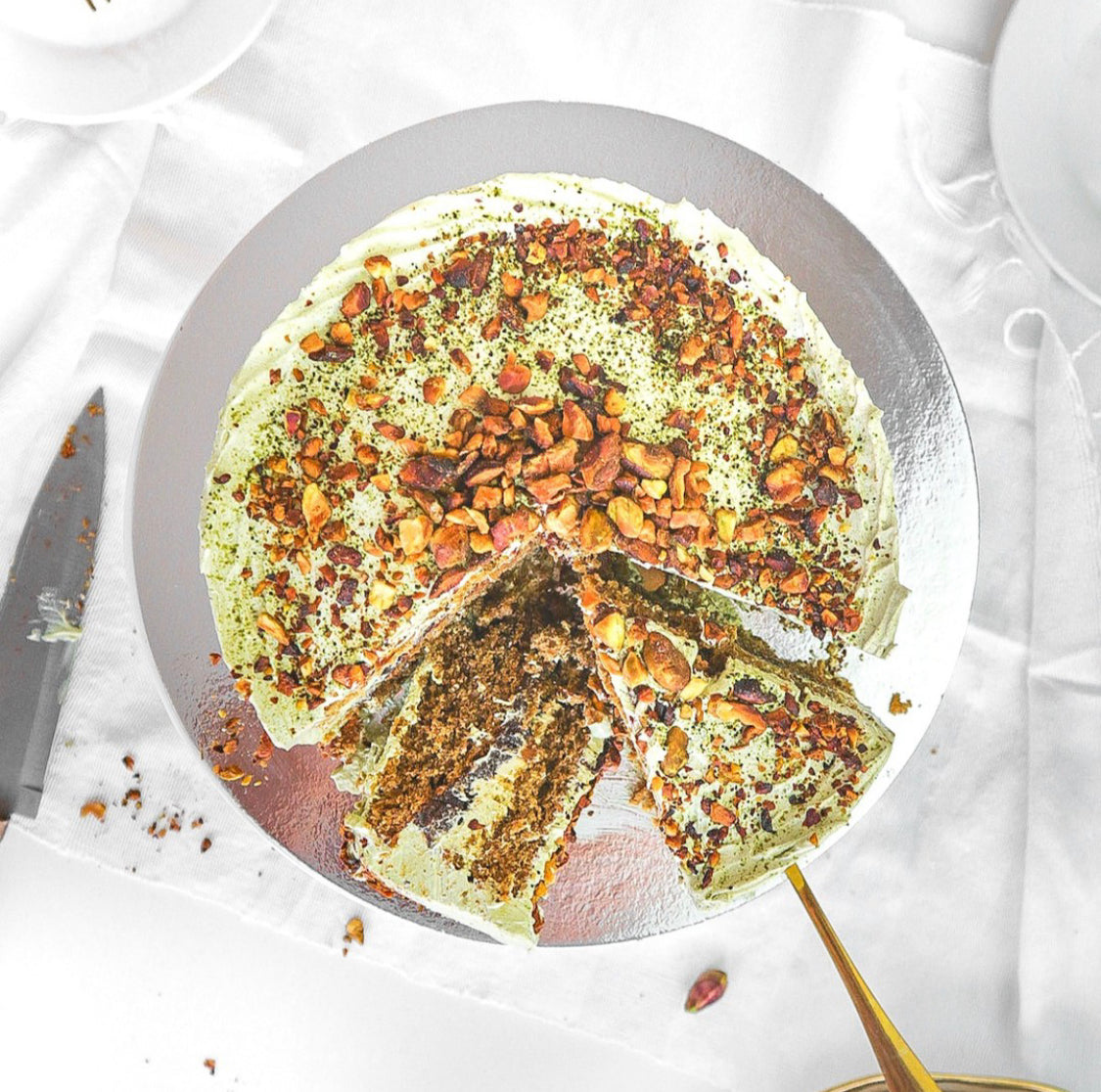 Matcha Pistachio Dates Caramel Cake (Plant-based, Refined Sugar-free)