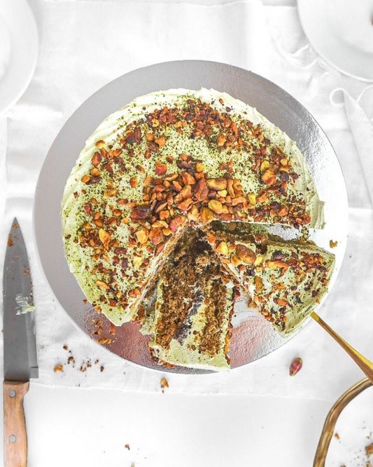 Matcha Pistachio Dates Caramel Cake